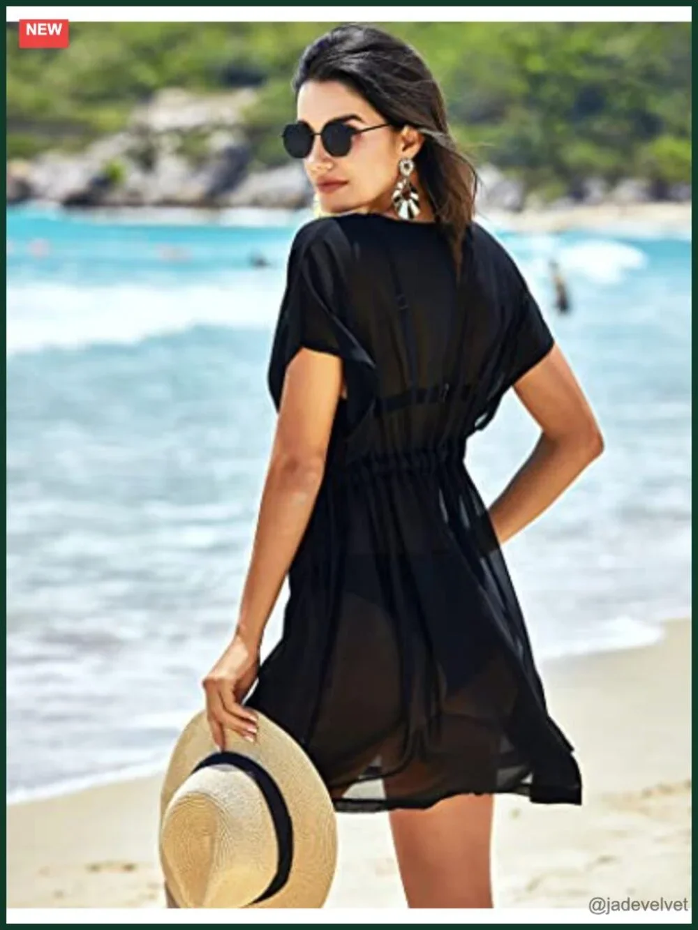 Chiffon Swimsuit Cover Up Sheer V-Neck Beach Coverup Short Sleeve Drawstring